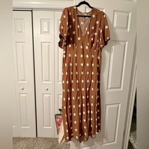 Crepe puff short sleeve midi dress: polka dot